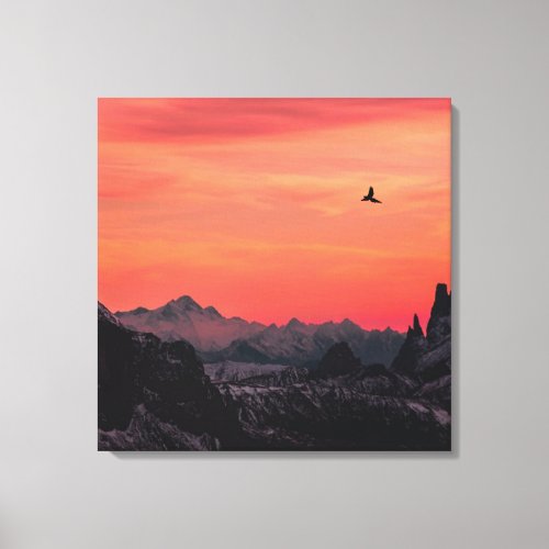 Mountains Orange Sunset Bird in Sky Canvas Print