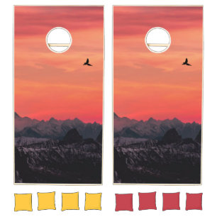 Mountains Orange Sunset Bird in Sky Cornhole Set