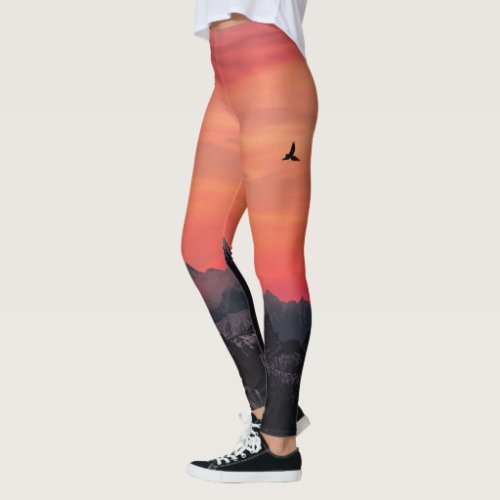 Mountains Orange Sunset Bird in Sky Leggings