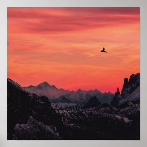 Mountains Orange Sunset Bird in Sky Poster