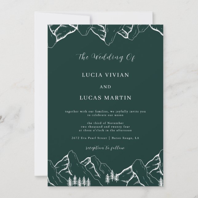 Mountains Pine Tree Emerald Green QR Code Wedding Invitation (Front)