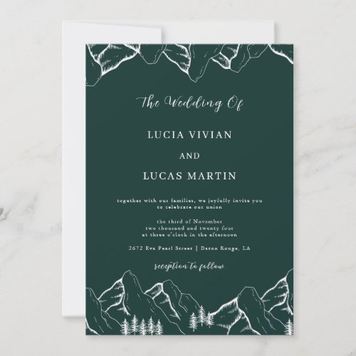 Mountains Pine Tree Emerald Green QR Code Wedding Invitation