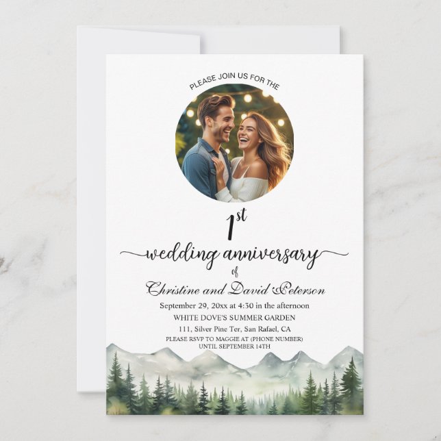 Mountains Pine Trees 1st Wedding Anniversary Photo Invitation (Front)