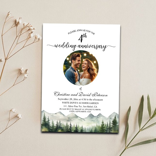 Mountains Pine Trees 4th Wedding Anniversary Photo Invitation (Creator Uploaded)