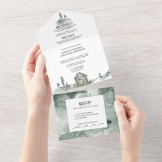 Mountains, Pine Trees, Cabin Rustic Wedding | All In One Invitation