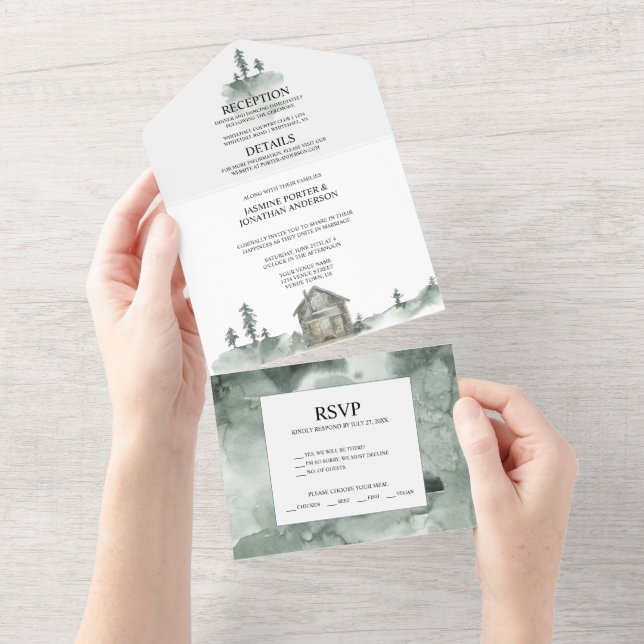 Mountains, Pine Trees, Cabin Rustic Wedding | All In One Invitation (Tearaway)