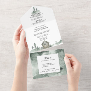 Mountains, Pine Trees, Cabin Rustic Wedding All In One Invitation