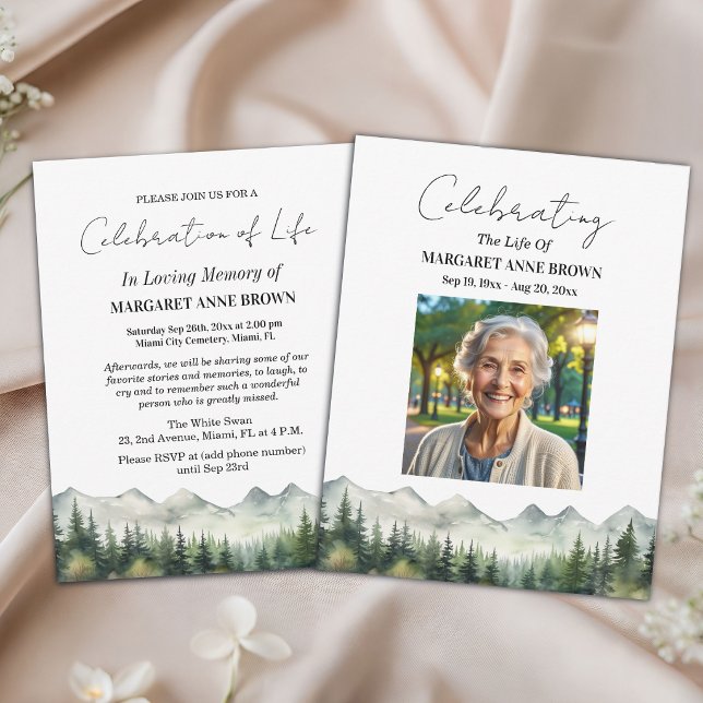 Mountains Pine Trees Celebration Of Life Photo  Invitation (Creator Uploaded)