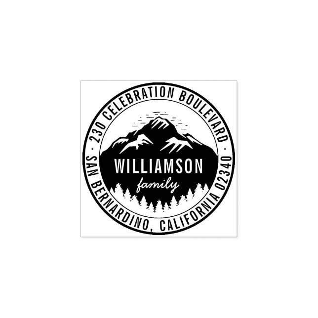 Mountains & Pine Trees Rustic Round Return Address Rubber Stamp (Imprint)