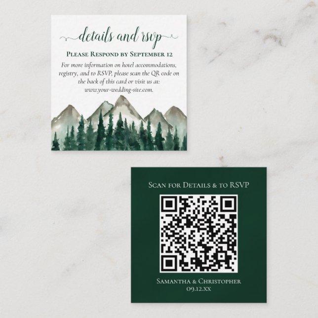Mountains & Pine Wedding Details & RSVP QR Code Enclosure Card (Front/Back)