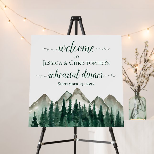 Mountains & Pine Wedding Rehearsal Dinner Welcome Foam Board (In Situ (Stand))