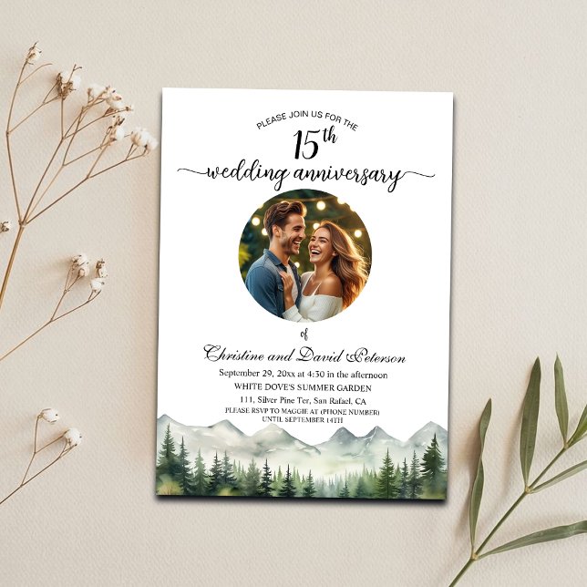 Mountains Pines 15th Wedding Anniversary Photo Invitation (Creator Uploaded)