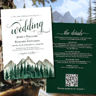 Mountains & Pines Calligraphy & QR Code Wedding Invitation