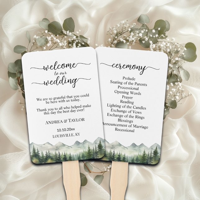 Mountains Pines Wedding Program Ceremony Hand Fan (Creator Uploaded)