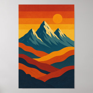 Mountains retro landscape illustration red blue poster