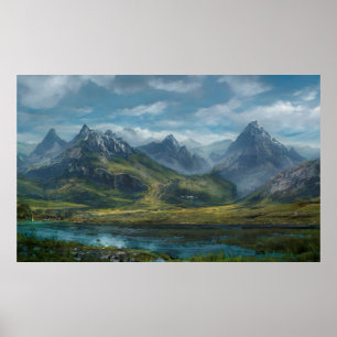 Mountains river grass pasture poster