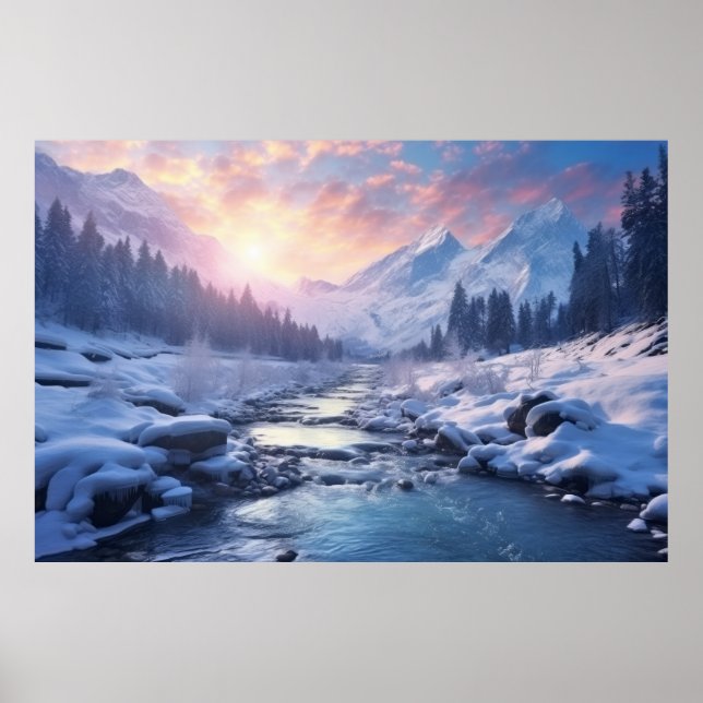 Mountains River Serene Landscape Art Poster (Front)
