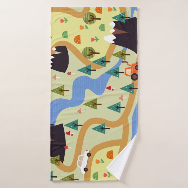 Mountains, rivers, forest, car pattern. bath towel (Bath Towel)