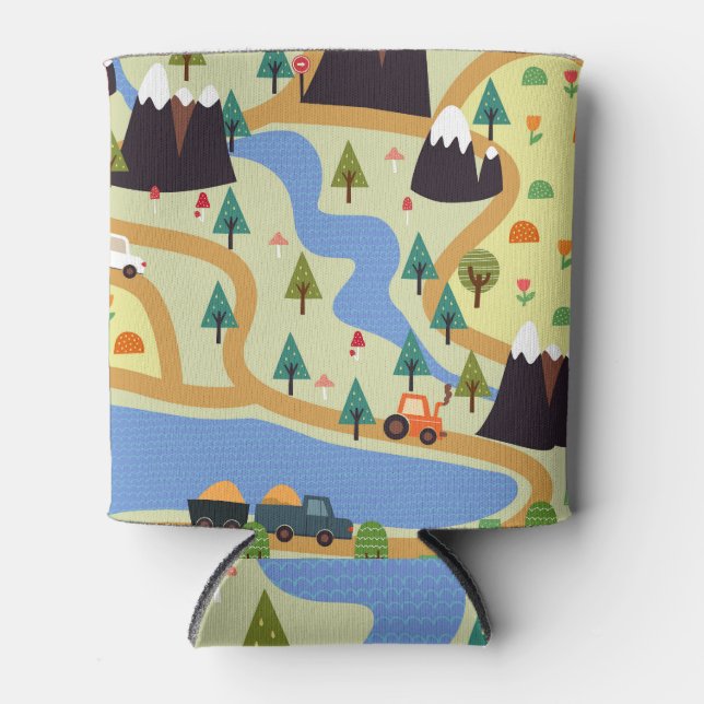 Mountains, rivers, forest, car pattern. can cooler (Front)
