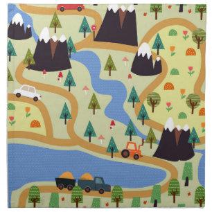 Mountains, rivers, forest, car pattern. cloth napkin