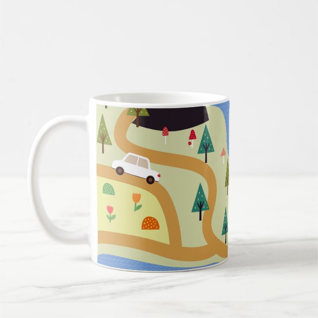 Mountains, rivers, forest, car pattern. coffee mug (Left)