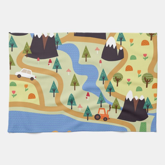 Mountains, rivers, forest, car pattern. kitchen towel (Horizontal)