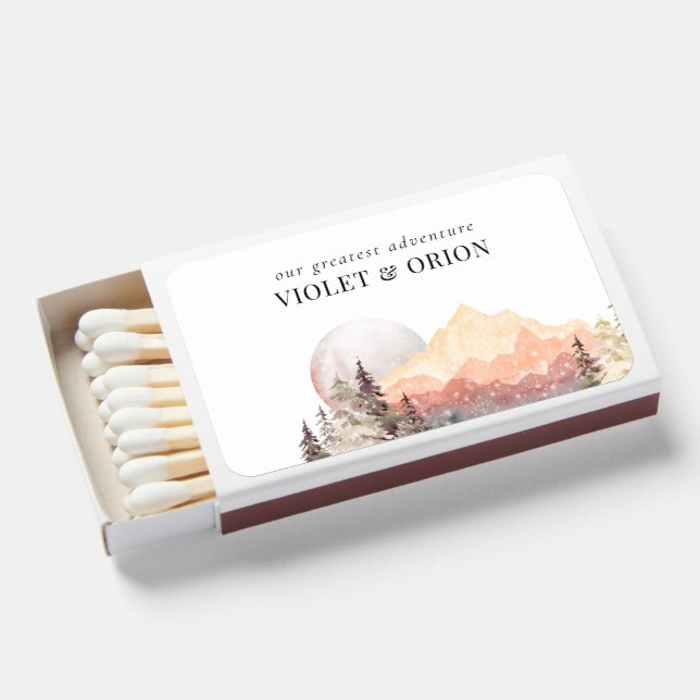 Mountains Rustic Adventure Wedding Favors Matchboxes (Front Open)