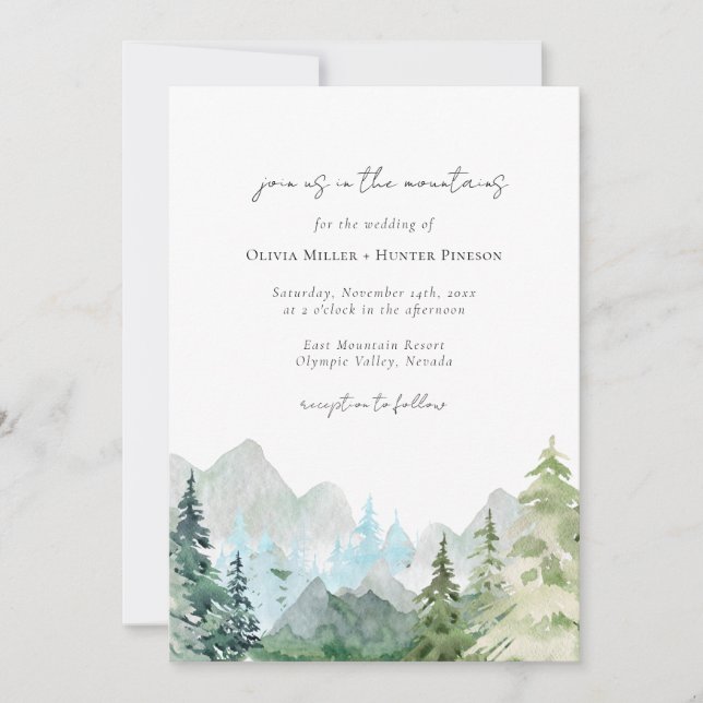 Mountains Rustic Forest QR Code All in One Wedding Invitation (Front)