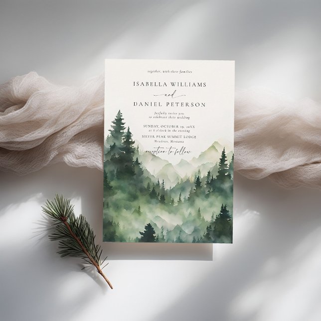 Mountains Scene Forest Rustic Outdoor Wedding Invitation (mountains wedding invitation rustic outdoors forest pine scene watercolor elegant modern chic)