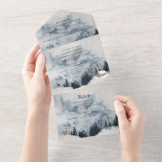 Mountains, Snow, Forest, Cabin Wedding | All In One Invitation