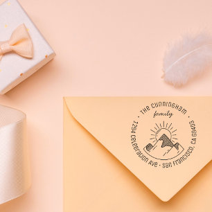 Mountains & Sun Family Name Round Return Address Self-inking Stamp