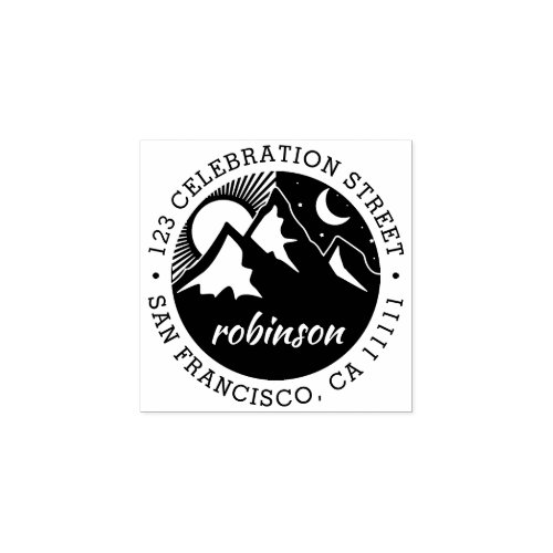 Mountains Sun  Moon  Family Name Return Address Rubber Stamp