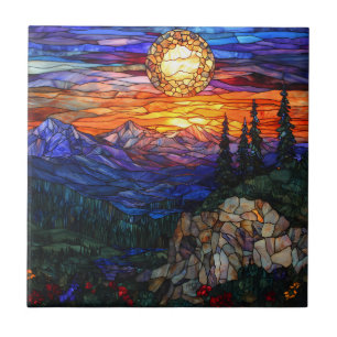 Mountains Sunset Stained Glass Ceramic Tile