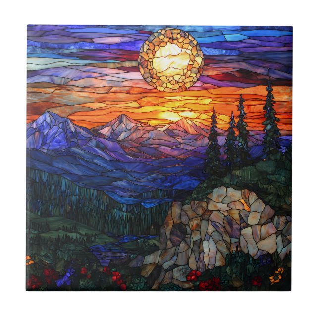 Mountains Sunset Stained Glass Ceramic Tile (Front)