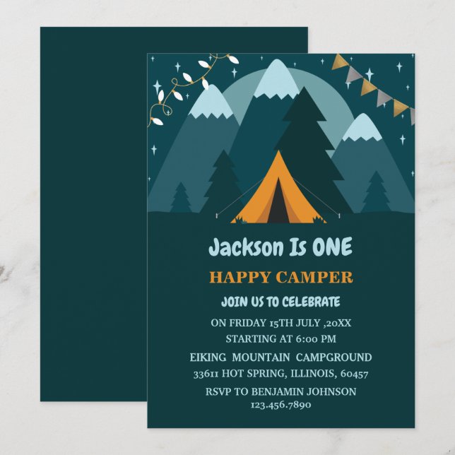 Mountains Tent One Happy Camper First Birthday Invitation (Front/Back)
