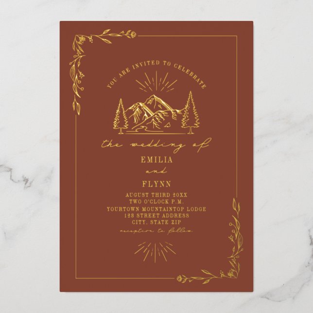 Mountains Terracotta Wedding Foil Invitation (Front)