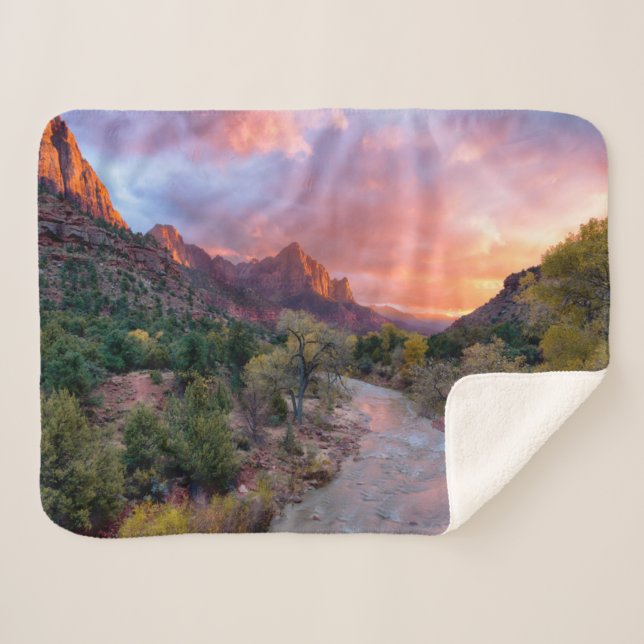 Mountains | The Watchman Zion Nathional Park Utah Sherpa Blanket (Front (Horizontal))