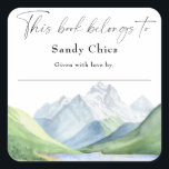 Mountains - this book belongs to square sticker<br><div class="desc">Adventure time! Watercolor mountains and lake baby shower invitation. Matching items available.</div>