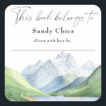 Mountains - this book belongs to square sticker<br><div class="desc">Adventure time! Watercolor mountains and lake baby shower invitation. Matching items available.</div>