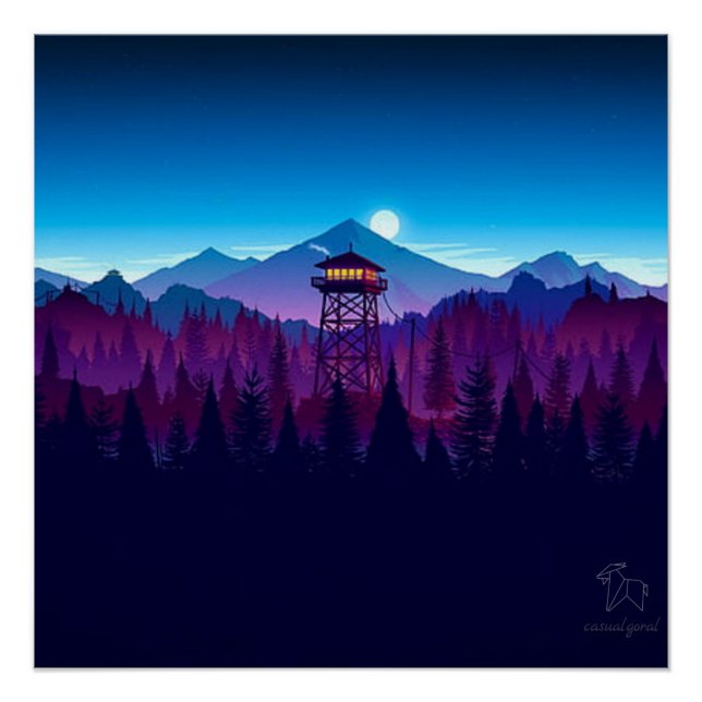 mountains, trees, a tower, a night forest  poster (Front)