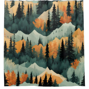 Mountains Trees Green And Orange Nature Pattern Shower Curtain