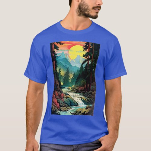 Mountains Trees River Waterfall Woodsy Nature Scen T_Shirt