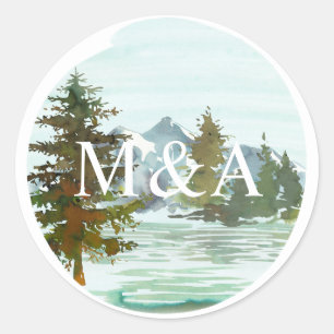 Mountains & Trees Rustic Monogram Classic Round Sticker