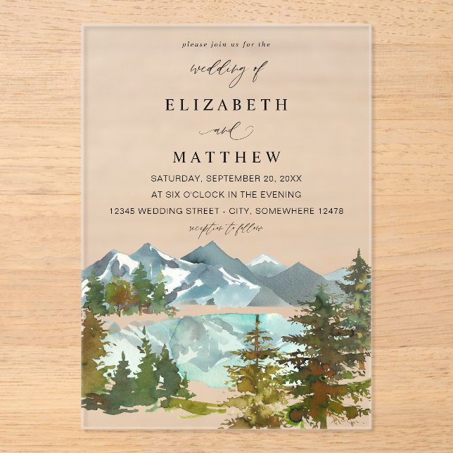 Mountains & Trees Rustic Wedding V2 Acrylic Invitations (Front)