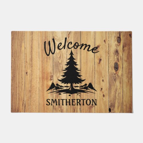 Mountains Trees Rustic Wood Family Name Doormat