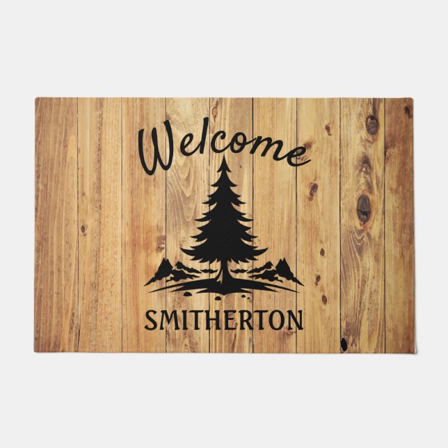 Mountains Trees Rustic Wood Family Name Doormat (Front)