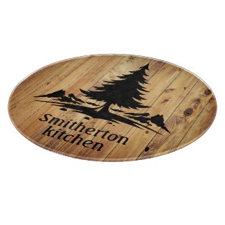 Mountains Trees Rustic Wood Family Name Kitchen Cutting Board
