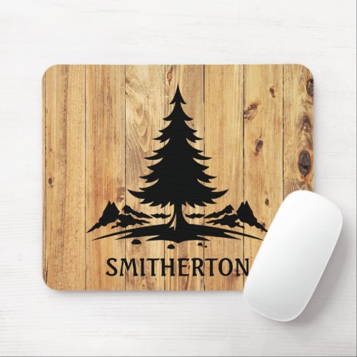 Mountains Trees Rustic Wood Family Name  Mouse Pad