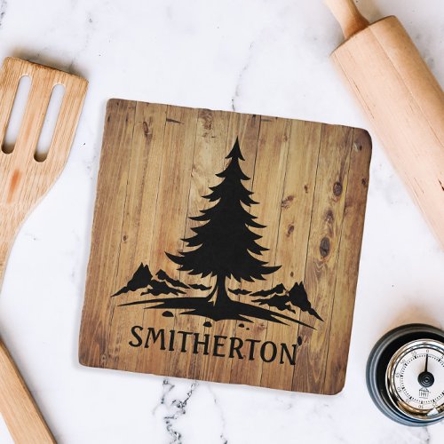 Mountains Trees Rustic Wood Family Name  Trivet