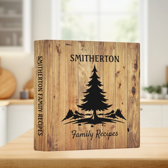 Mountains Trees Rustic Wood Family Recipes 3 Ring Binder (Pine tree on rustic wood custom recipe binder )